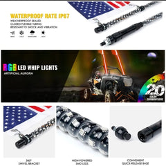 Whip Lights Pair 3FT 4FT 5FT 6FT RGB Spiral LED Antenna+ Us Flag & Remote for polaris jeep truck can-am